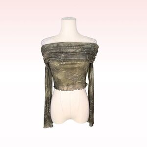 Whimsy Olive green off shoulder flare sleeve top (Sz S)